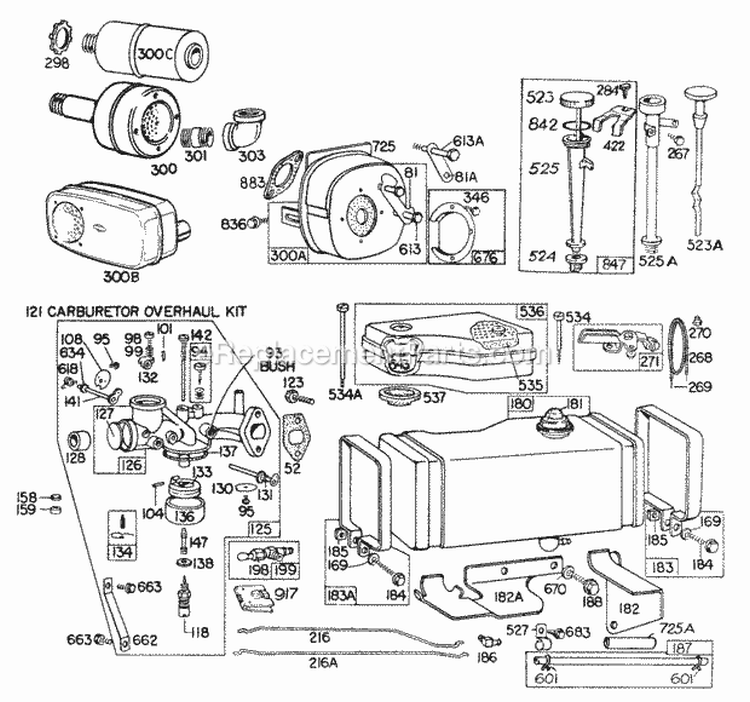 Carb Fuel Tank AC Muffler Diagram and Parts List for 190705-5156-99  Briggs and Stratton Engine